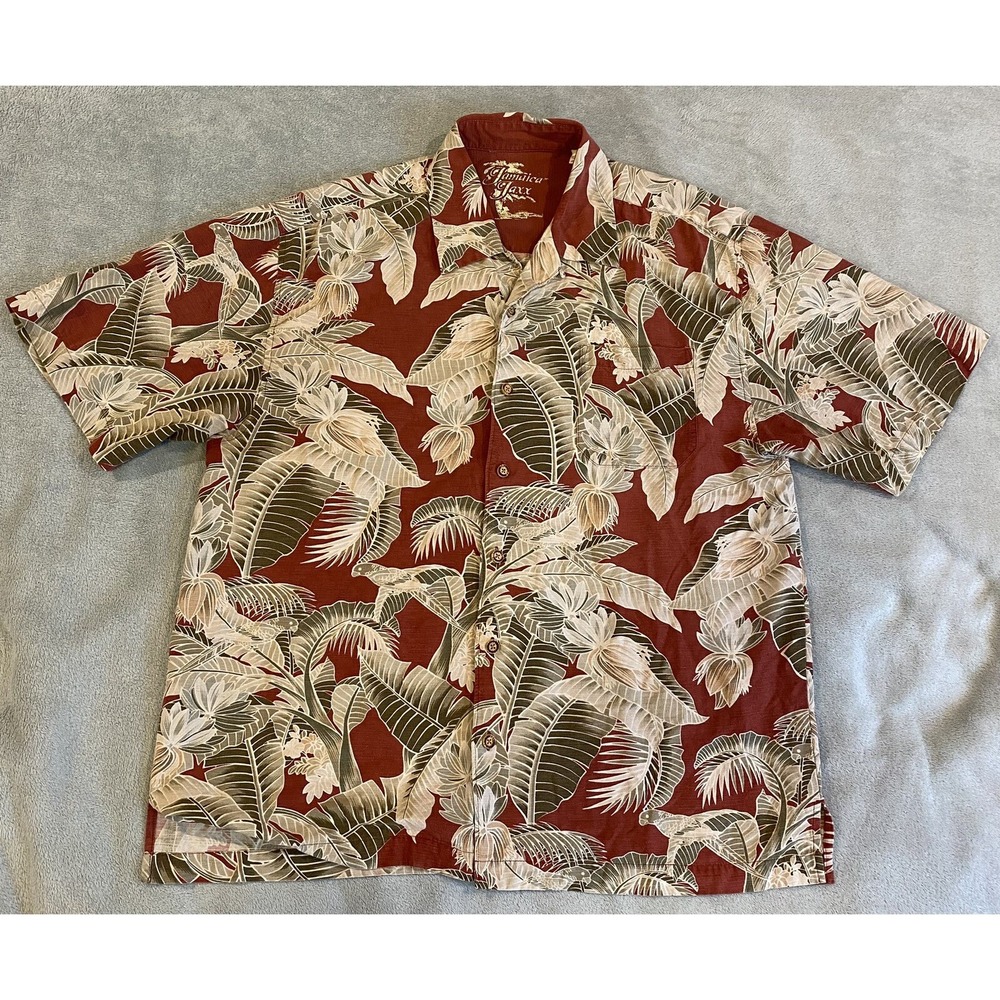 Jamaica Jaxx Hawaiian Shirt Large 100% Silk Red Floral Short Sleeve Button Up L